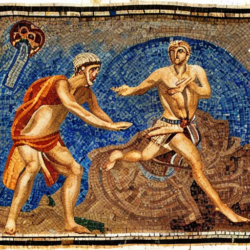 Prompt: an ancient roman mosaic of ultimate frisbee
