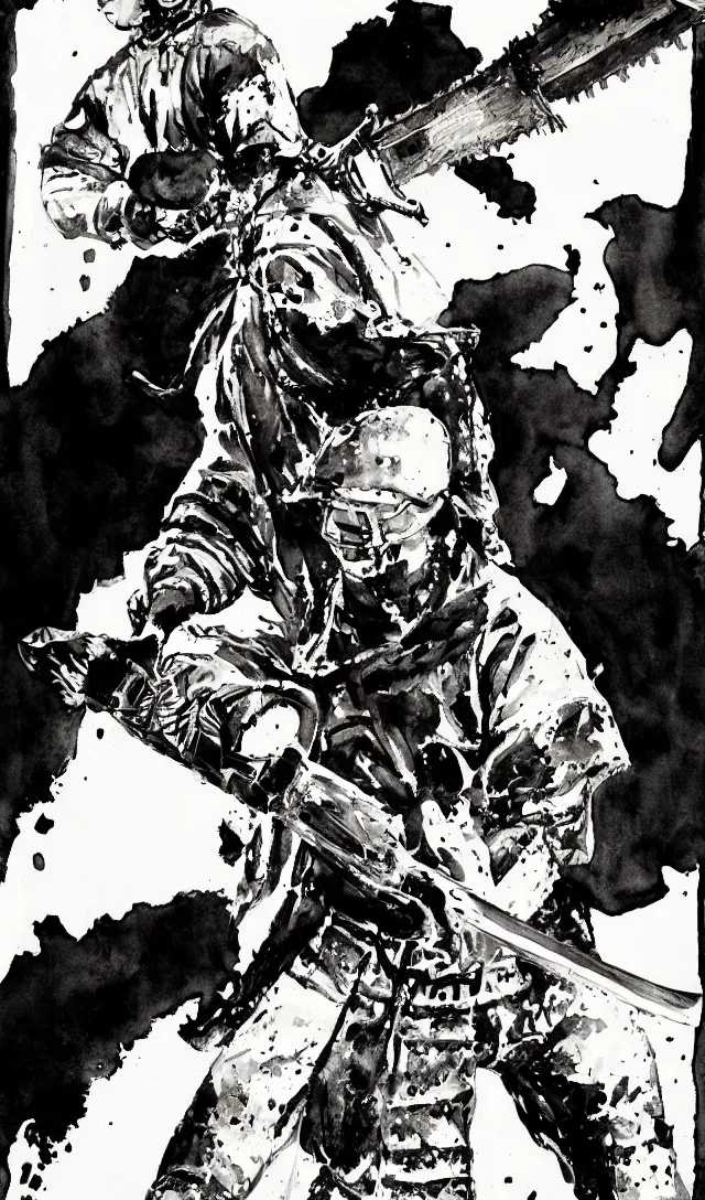 Image similar to sole samurai wielding a chainsaw, black and white watercolor, movie poster