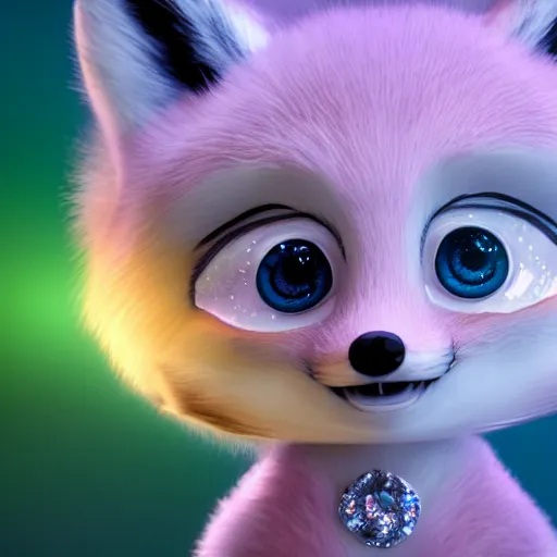 Image similar to baby gem fox, fox, big eyes, crystalized scales, white fur with gems, pastel colours, shiny glitter / crystals, pixar animation style, detailed, soft light, octane render, 4 k,