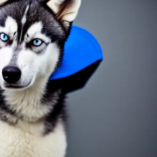 Image similar to a studio photo of a husky wearing a blue cap,photorealistic,professional photography,focus,50mm lens,hyperdetailed,studio lighting,3 point lighting,detailed face,cute