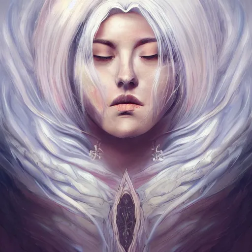 Image similar to a woman with immensely glowing white hair and rose medieval armor, meditating in tranquility as [ her hair flows ]!!, surrealism art, trending on artstation, portrait!!, intricately detailed