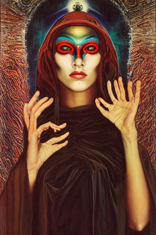 Image similar to gorgeous robed cult girl performing realism third eye ritual, dark theme night time, expanding energy into waves into the ethos, epic surrealism 8k oil painting, portrait, depth of field, perspective, high definition, post modernist layering, by Ernst Fuchs, Gerald Brom