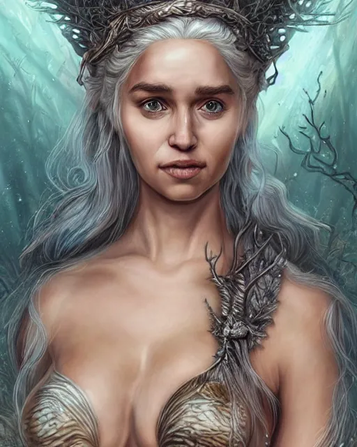 Prompt: Daenerys Targaryen as a mermeid with a piercing gaze wearing a shell bikini in an underwater magical forest, highly detailed face, realistic face, beautiful detailed eyes, fantasy art, in the style of JAMES MCCARTHY, illustration, epic, fantasy, intricate, hyper detailed, artstation, concept art, smooth, sharp focus, ray tracing, vibrant, photorealistic