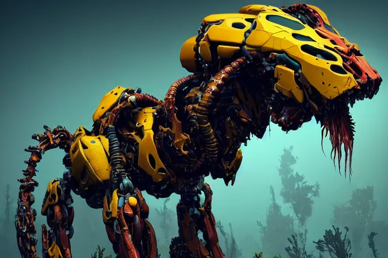 Prompt: portrait of a posed hyper detailed yellow scrounger evangelion realistic mechanical and fleshy organic creature similar look as horizon forbidden west horizon zero dawn bioluminiscence in a dark deep forest at dawn in spring, with reflection and textures, by kilian eng, substance painter reaslitic mech surface metal painted scratches