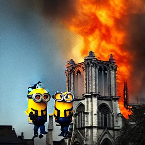 Image similar to “minions laughing as the Notre dame burns behind them”