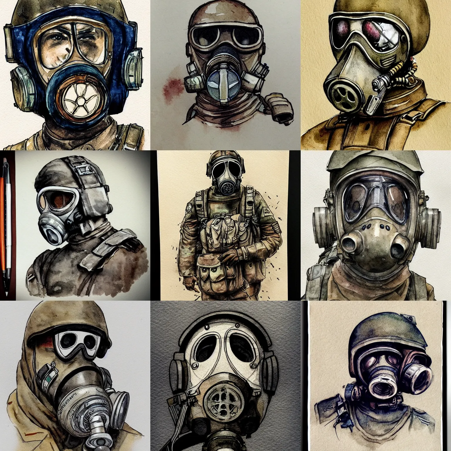 Image similar to beautiful aesthetic inspirational masterful professional ink pen and watercolor sketch of a soldier in gas mask, ultra detailed, fine details, trending on artstation, high quality paper