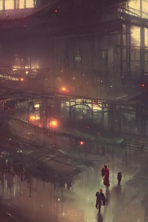 Image similar to The Train Station, cinematic lighting, dramatic atmosphere, by Dustin Nguyen, Akihiko Yoshida, Greg Tocchini, Greg Rutkowski, Cliff Chiang, 4k resolution, trending on artstation