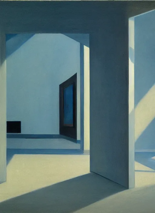 Prompt: a painting of the interior of teshima art museum by edward hopper dramatic light