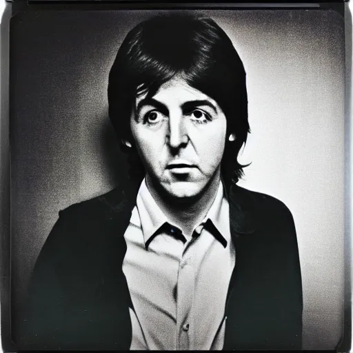 Image similar to Polaroid Portrait of a younger 1970s Paul McCartney, taken in the 1970s, photo taken on a 1970s polaroid camera, grainy, real life, hyperrealistic, ultra realistic, realistic, highly detailed, epic, HD quality, 8k resolution, body and headshot, film still, front facing, front view, headshot and bodyshot, detailed face, very detailed face, by Andy Warhol