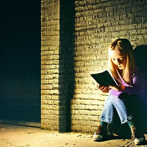 Prompt: luna lovegood sitting in a dark alley reading a book in a hyper realistic shot, low light