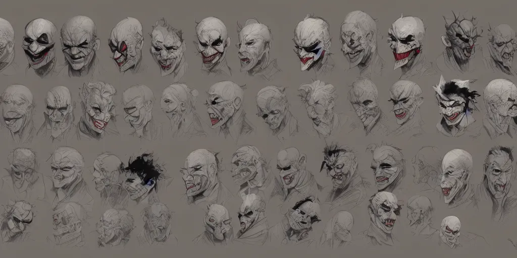 Image similar to the joker, character sheet, concept design, contrast, kim jung gi, greg rutkowski, zabrocki, karlkka, jayison devadas, trending on artstation, 8 k, ultra wide angle, pincushion lens effect