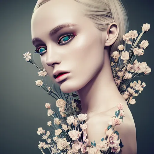 Image similar to beautiful blonde lady in a 3D flower dress , hyperrealistic, ultra detailed, octane render, symmetric, 3d, majestic, dark fantasy, intricate