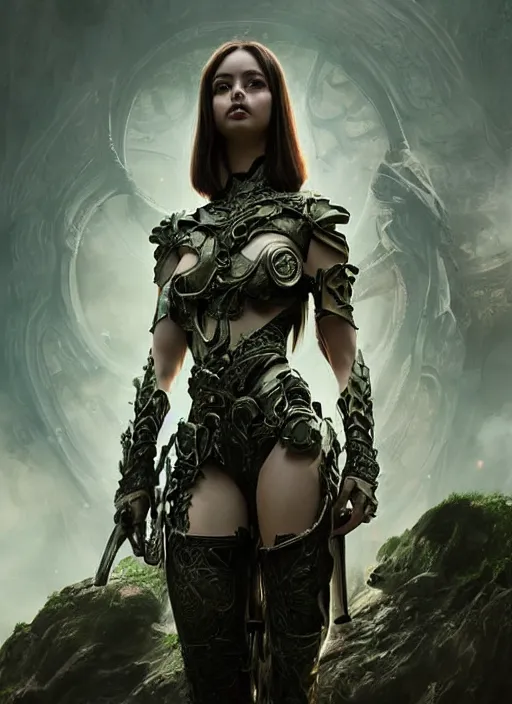 Image similar to a professional portrait of a beautiful young female, clothed in ethereal battle armor, olive skin, long dark hair, beautiful bone structure, symmetrical facial features, deep forest psytrance Neo-Gothic concept, infinity glyph waves, intricate artwork masterpiece, very coherent artwork, cinematic, from Valerian and the City of a Thousand Planets, in the style of Ruan Jia and Mandy Jurgens and Artgerm and Greg Rutkowski and William-Adolphe Bouguerea, very coherent artwork, trending on cgsociety, ultra high quality model, production quality cinema model, high detail chromatic ink outline, octane render, unreal engine 8k, hyper realism, high detail, octane render, unreal engine, 8k, High contrast