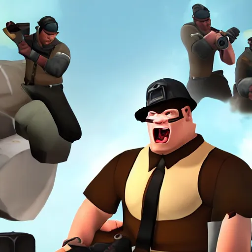 Prompt: Team Fortress 2 screenshot with Heavy eating Scout while Medic laughs