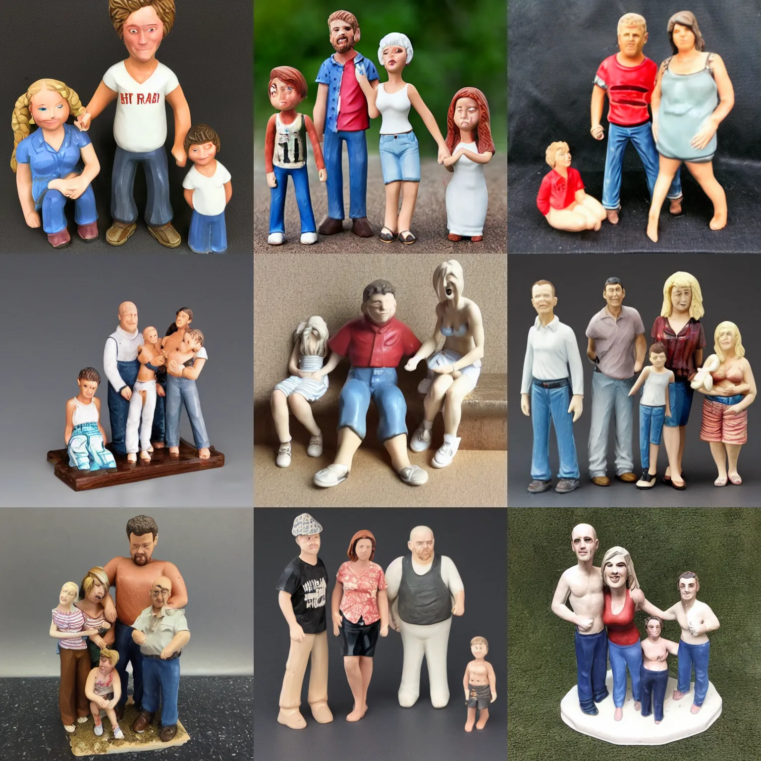 Prompt: broken figurine of a white trash family