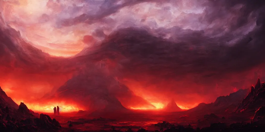 Image similar to fifth circle of hell, dante's inferno, landscape, cinematic, dramatic, very detailed, far horizon, volumetric, by eugene delacroix, artstation, jessica rossier, octane render, vivid, angry red sky, demons flying overhead