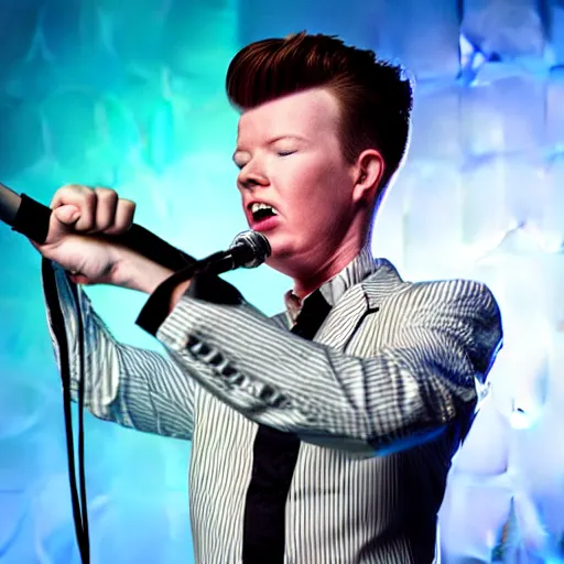 Prompt: young Rick Astley performing Never Gonna Give You Up, singing into a microphone while dancing, black suit, striped shirt, light background, full color photograph, 4k