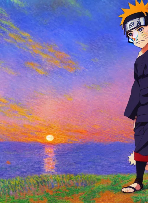 Image similar to a naruto scene of naruto watching the sunset, very anime, trending artwork, 4 k, anime painter studio, an impressionist style by claude monet