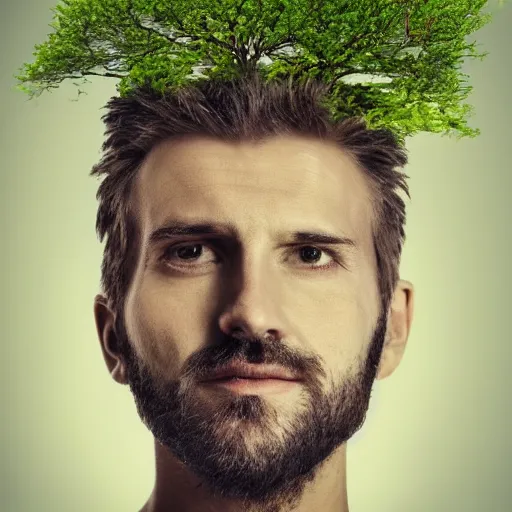 Prompt: a man with a tree growing in his head.