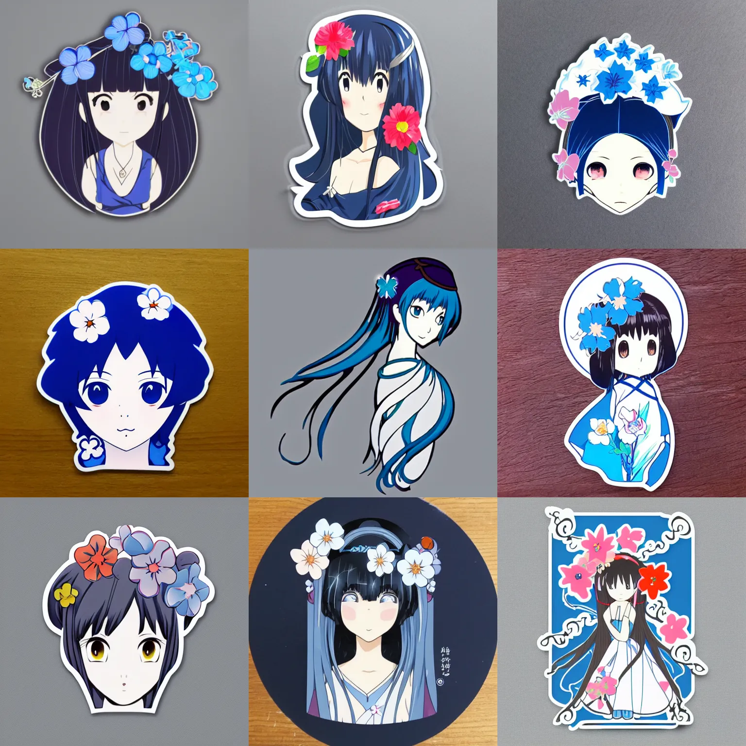 Prompt: catroon die cut sticker of japaneese anime woman with blue flower in her hair with white border on gray background