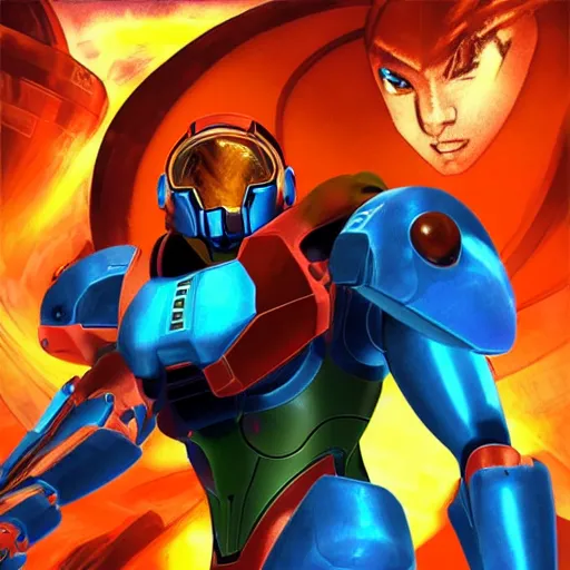 Prompt: Metroid Prime 4 cover art with Samus looking at lions