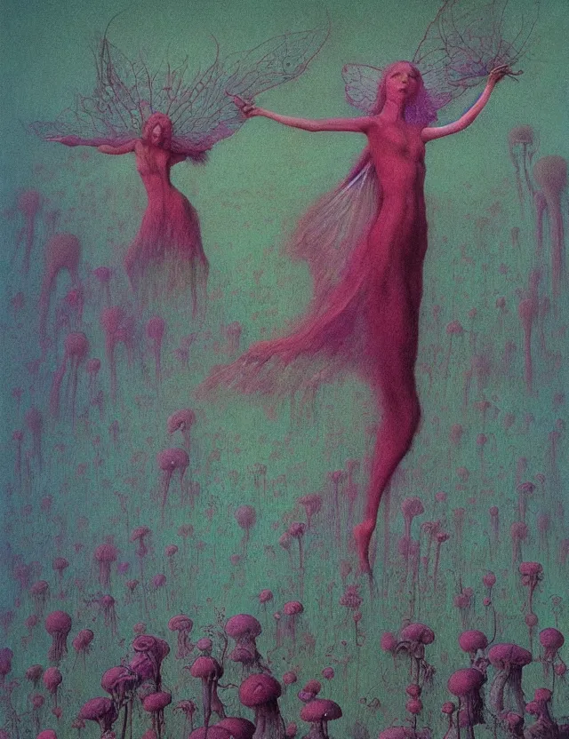 Prompt: fungal bloom fairy queen mold fae noble by zdzisław beksiński, dark whimsical oil painting award winning, chromatic aberration sharp colors