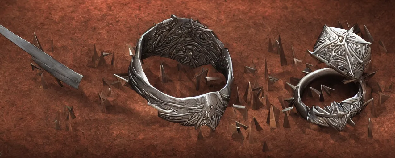 Prompt: wooden ring with spikes, ring, wood, steel, sword, smooth shank, engravings, product design, jewelry, art by gerald brom, greg rutkowski and artgerm and james jean and zdzisław beksinski, 8 k, unreal engine, c 4 d