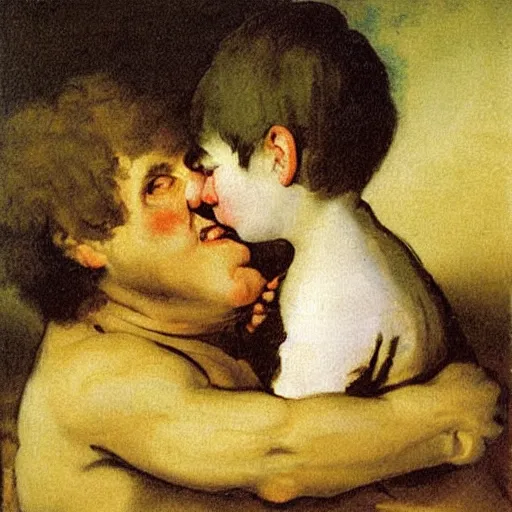 Prompt: putin kissing a boy in the tummy oil painting by francisco goya