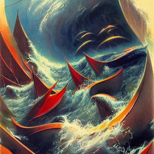 Image similar to by peter andrew jones, by rebeca saray tranquil. the installation art of a huge wave about to crash down on three small boats. the boats are filled with people, & they all look terrified.