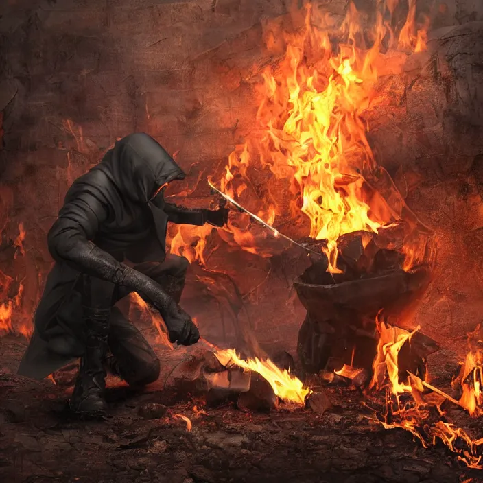 Image similar to hooded man dumping gas on a fire, octane render, 4 k ultra hd, hyper - detailed, realistic, seedy lighting, sharp focus, fantasy dark art