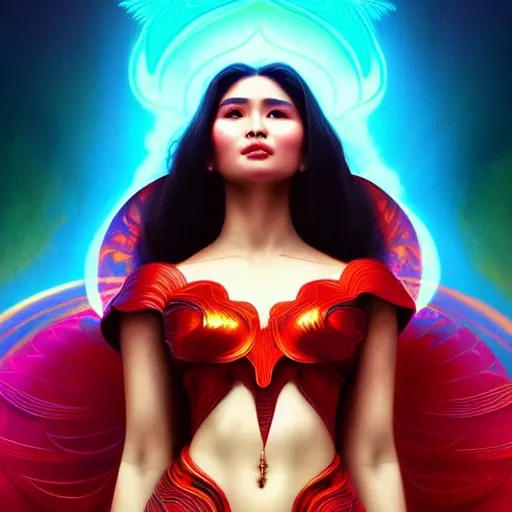 Image similar to heart evangelista as darna, volumetric lights, red and cyan theme, art nouveau botanicals, intricate, highly detailed, digital painting, artstation, concept art, smooth, sharp focus, cinematic, illustration, beautiful face, art by artgerm and greg rutkowski and alphonse mucha