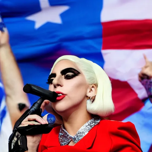 Image similar to Lady Gaga as president, Argentina presidential rally, Argentine flags behind, bokeh, giving a speech, detailed face, Argentina