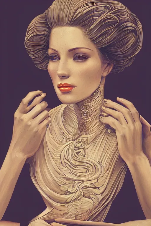 Image similar to An extremely beautiful Art Deco ornate portrait of a young attractive woman with a beautiful bone structure, professionally painted digital art illustration, smooth, sharp focus, atmospheric lighting, highly detailed illustration highlights, golden ratio, extremely detailed winning award masterpiece, 8K post-processing, trending on artstation flawless, prismatic highlights, telephoto, depth of field, cinematic, macro, concept art, wepa digital, elegant, epic, octane render, v-ray, C4D