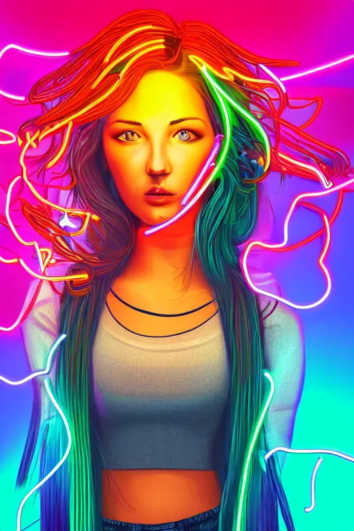 Image similar to a award winning half body portrait of a beautiful woman with stunning eyes in a croptop and cargo pants with rainbow colored ombre hairstyle head in motion and hair flying by thomas danthony, surrounded by whirling illuminated neon lines, outrun, vaporware, shaded flat illustration, digital art, trending on artstation, highly detailed, fine detail, intricate