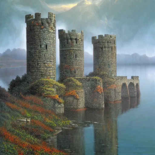 Prompt: three ruined stone towers in a lake. misty weather. painting by Ted Nasmith and Larry Elmore.