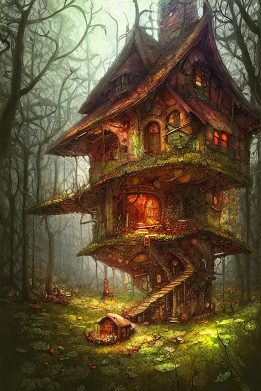 Image similar to a storybook style ramshackle multistory fairytale hut in the forest, artwork by Marc Simonetti