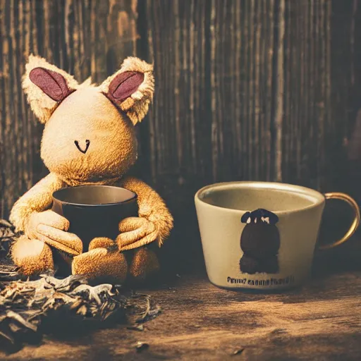 Prompt: a huggable brown chibi plush rabbit muppet monk wearing a wolf skull and dat beside a cup of tea, photorealistic, nature, photography, national geographic, sesame street