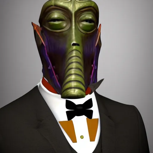 Image similar to dagoth ur mask in a tuxedo straightening his tie photo realistic very very very realistic expertly detailed digital artwork