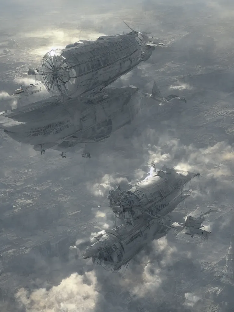 Image similar to a large dieselpunk airship is standing in the air over a splendid white church in russia, full morning sun, matte painting by craig mullins