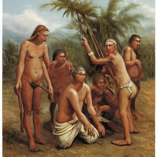 Prompt: A painting of a group of white skinned tribespeople.