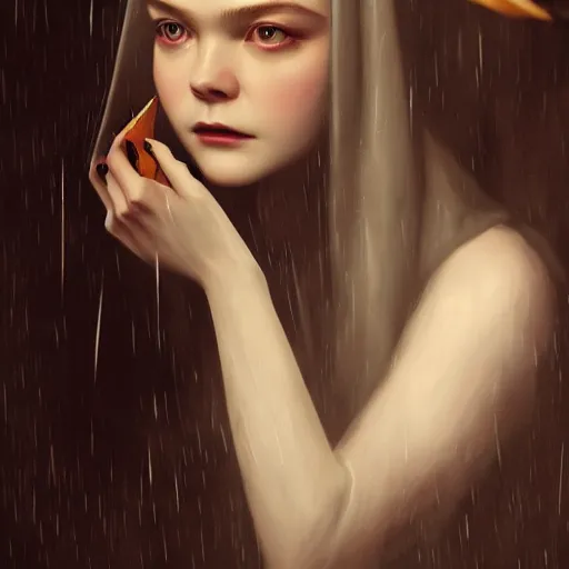 Prompt: elle fanning as a vampire in prey and dishonored, heavy rain, wind, thunder, reflections, deep focus, d & d, fantasy, intricate, elegant, highly detailed, digital painting, artstation, concept art, matte, sharp focus, illustration, hearthstone, art by artgerm and greg rutkowski and alphonse mucha