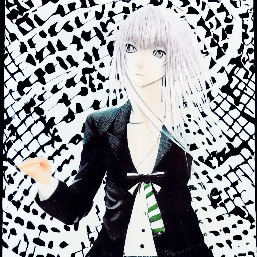 Prompt: Yoshitaka Amano style portrait of an anime girl with white hair and black eyes wearing suit with patterns, abstract black and white background, film grain effect, highly detailed, oil painting