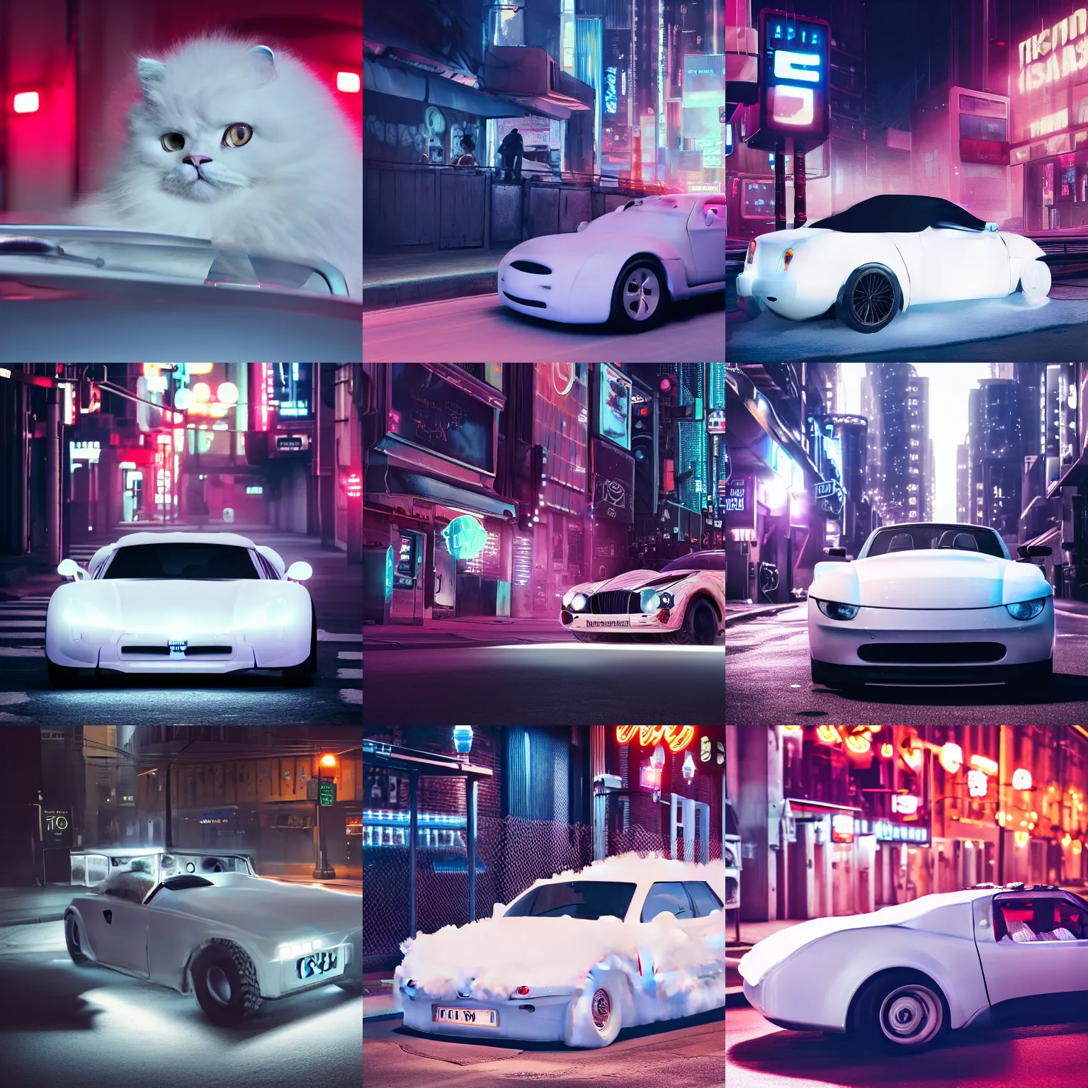 Prompt: a fluffy roadster covered with white fur and looked like the body of a British Shorthair cat, with cool headlights, parking in the street, Cyberpunk, neon light, 4k, hd, highly detailed