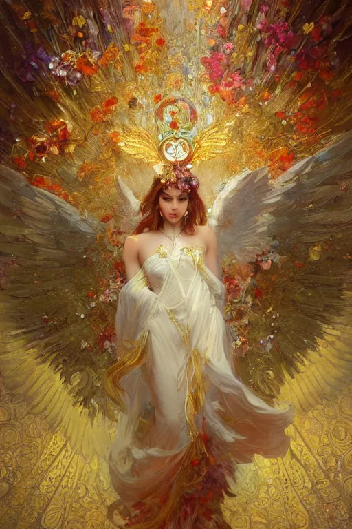 Prompt: an intricate painting of a beautifull angel with fire wings surrounded by flowing flower petals, hyper detailed, ornamental gold headpiece, octane render, vivid colors, artstation, by jeremy mann, by alphonse mucha, by boris vallejo