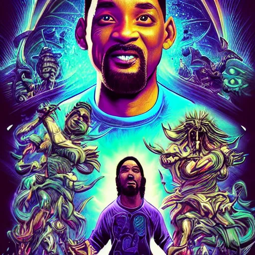 Prompt: the second coming of will smith, by dan mumford and ross tran, cosmic, terrifying, demon rays, intricate detail, cinematic, 8 k, cel shaded, unreal engine, featured on artstation, pixiv