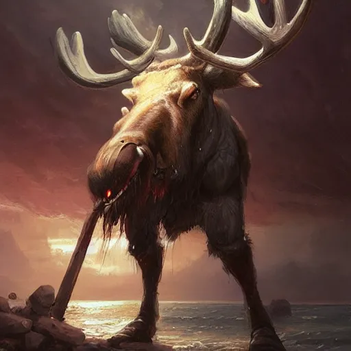 Prompt: anthropomorphic moose barbarian humanoid by greg rutkowski, ship, sea, fantasy