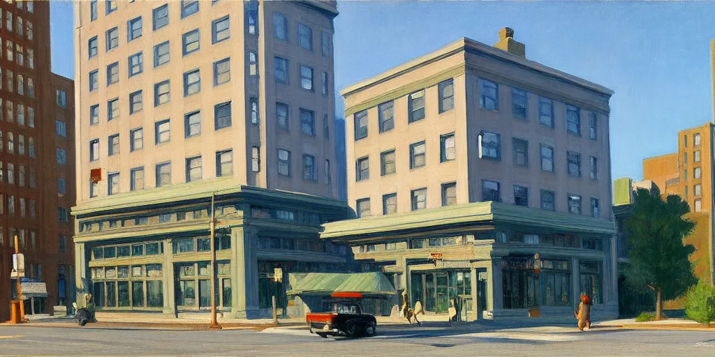 Prompt: google street view of ( 6 6 e jackson blvd, chicago, il 6 0 6 0 4 ), painted by edward hopper