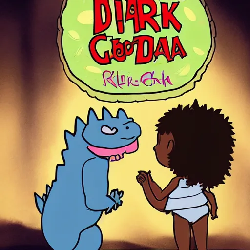 Image similar to Dark skinned girl pets Chibi Godzilla, children's book