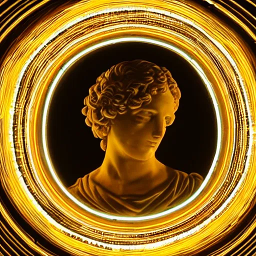 Image similar to a neon circle surrounding the head of a renaissance statue