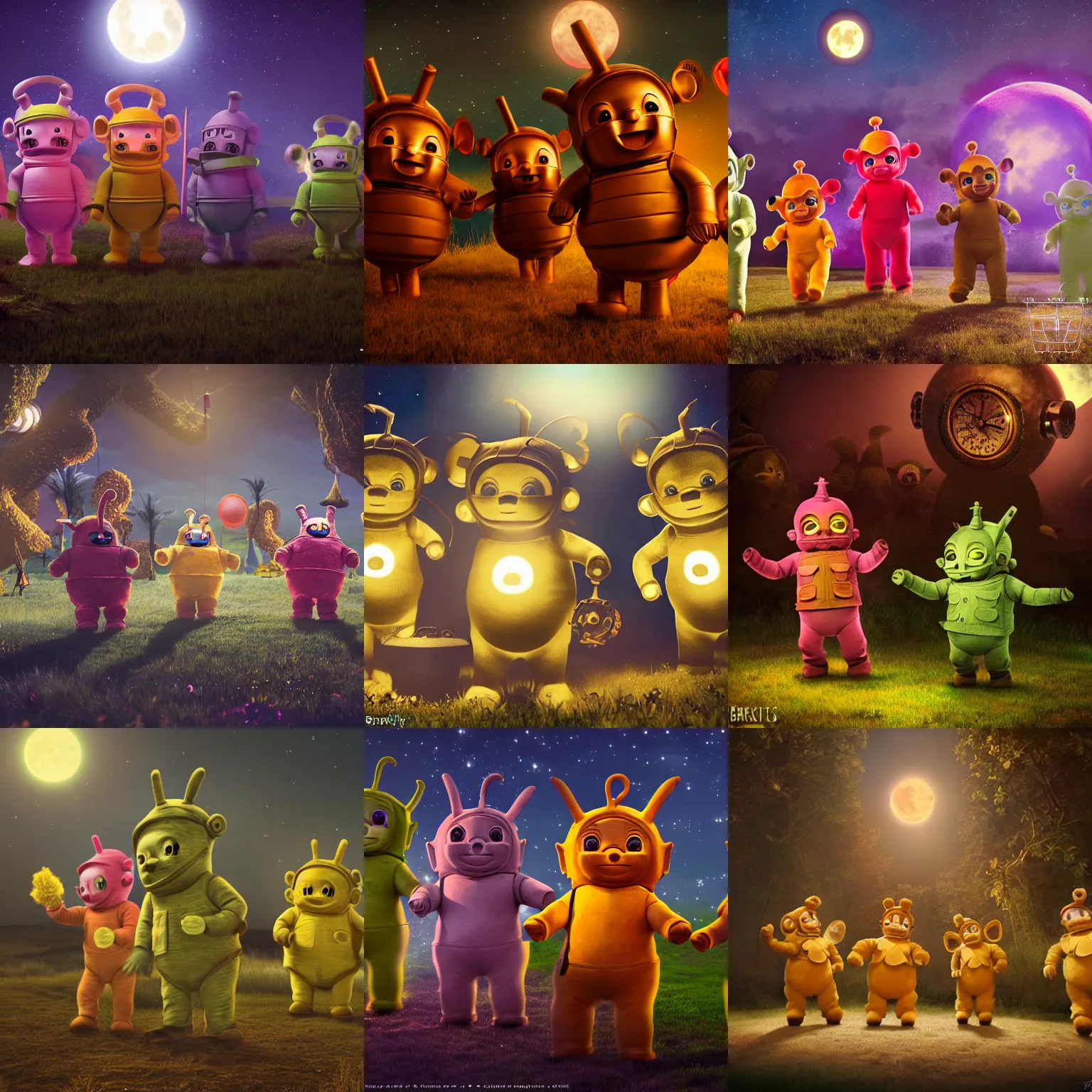 Prompt: steampunk teletubbies dancing in the moonlight, ultra realistic, concept art, intricate details, photorealistic, octane render, 8k, unreal engine, art by Alex Broeckel, Majentta, Khorghill, Adam Burn